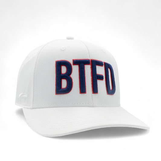 white cap with 'BTFD' embroidered in navy and outlined in red on a white background