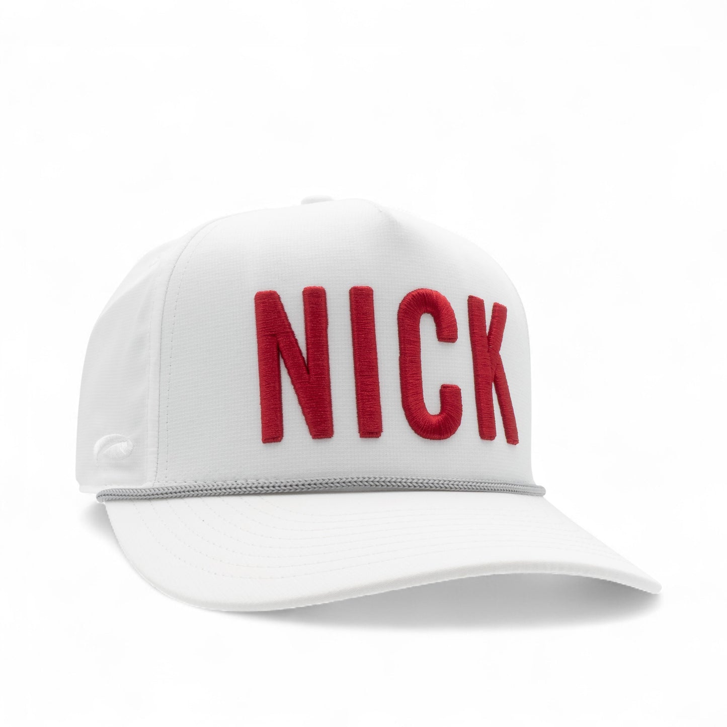 White cap with crimson 'NICK' text on a white background