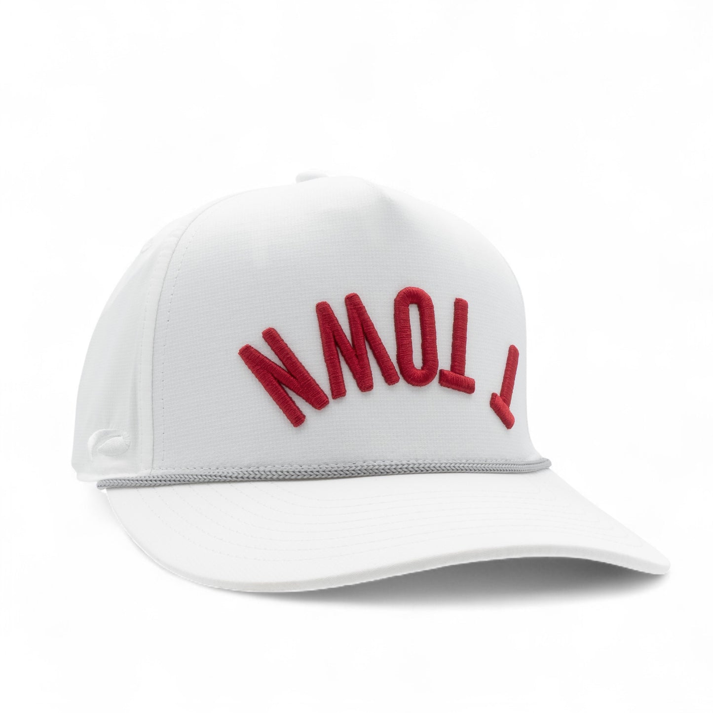 white cap with crimson 'T TOWN' embroidered, gray rope