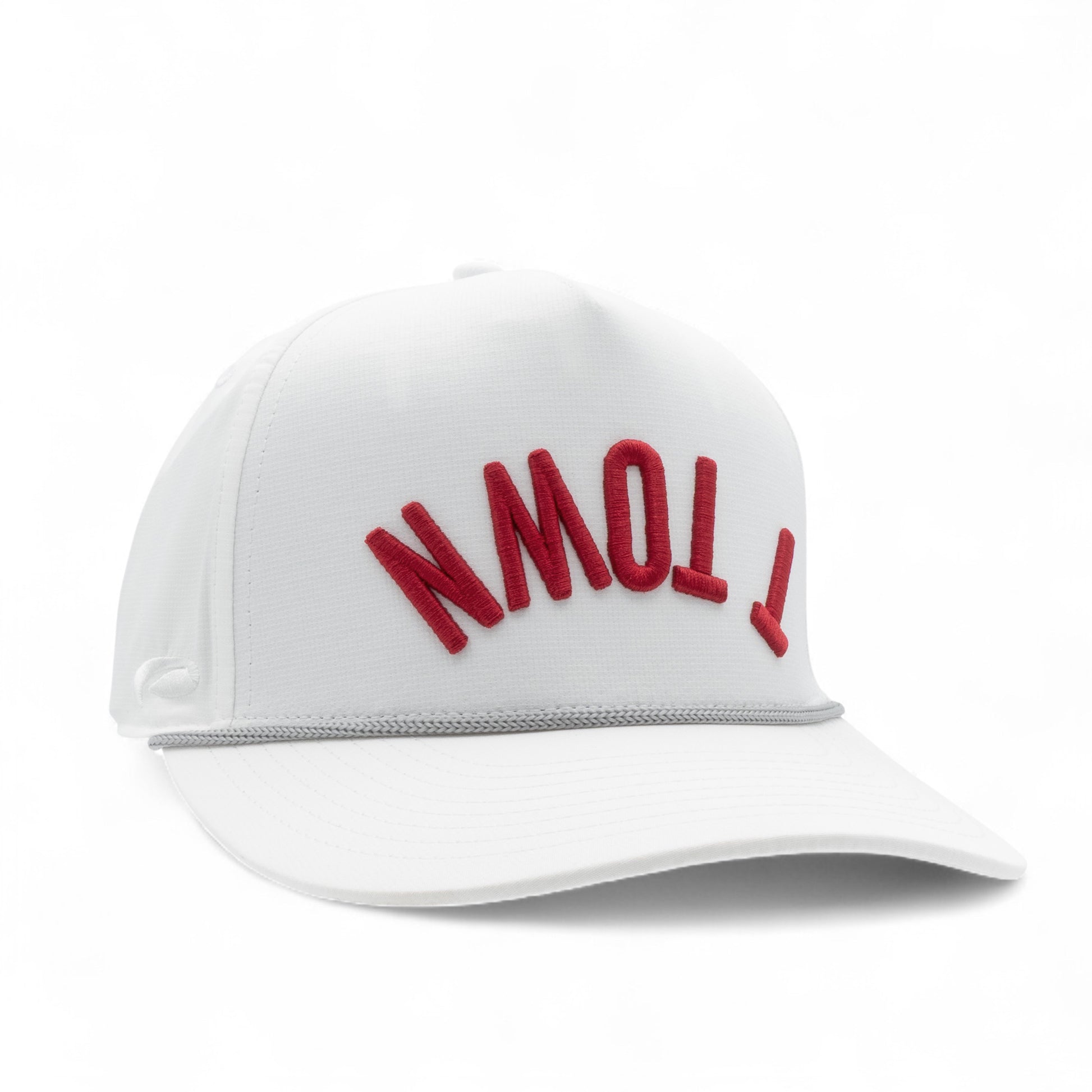 white cap with crimson 'T TOWN' embroidered, gray rope