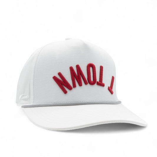 white cap with crimson 'T TOWN' embroidered, gray rope