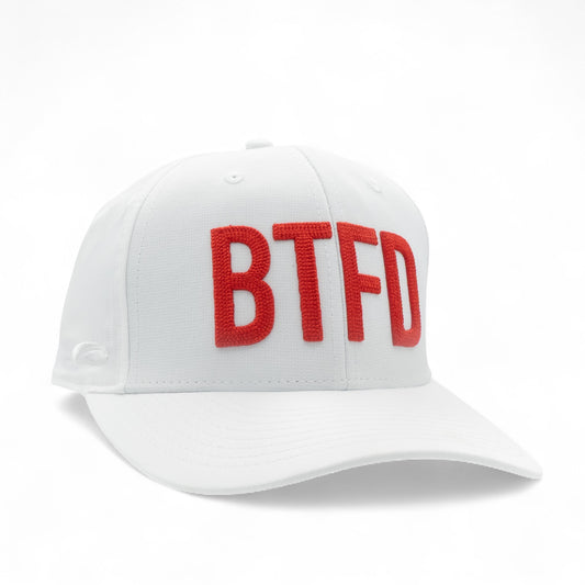 white cap with 'BTFD' embroidered in red on a white background