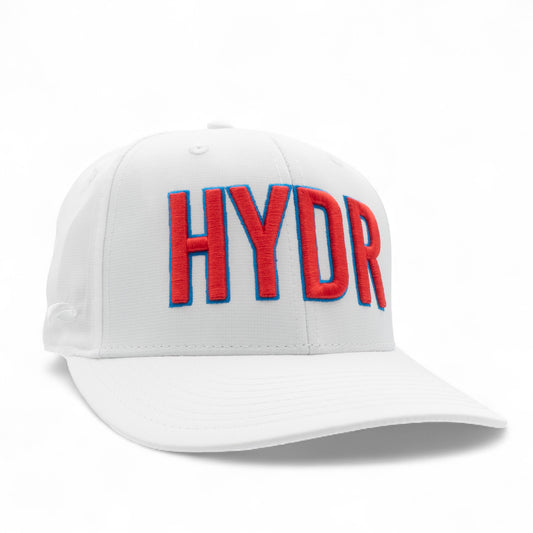 White cap with 'HYDR' in red and blue on a white background