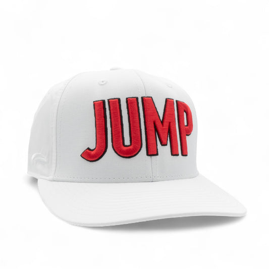 White cap with red 'JUMP' text on a white background